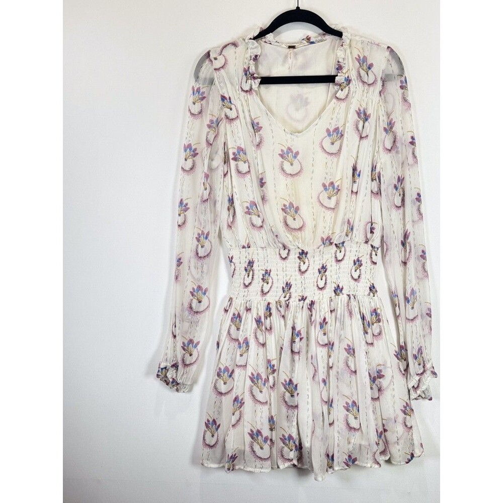Free People Mini Dress Beige Wild Horses Dreamcatcher V Neck Smocked Medium - Picture 5 of 12